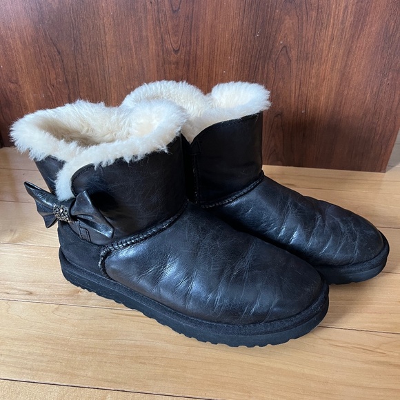 UGG Leather Mini Crystal Bow Boots - Picture 1 of 6